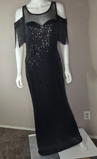 Black Sequin Long Evening Gown Dress Cold Shoulder with Fringe Size L Elegant