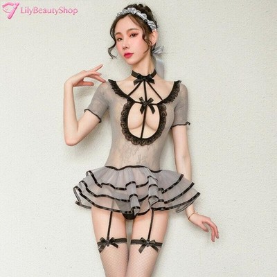 Women Dress Skirt Bubble Layered Short Sleeve Slim Princess Sheer Lace Sexy