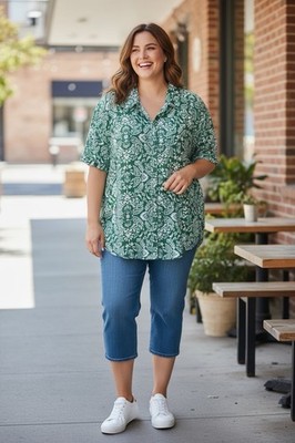 Croft & Barrow Camp Shirt Plus Size 2X Green Blue Paisley Button Up Top NEW