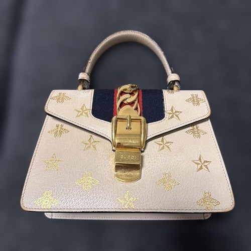 Gucci Star Pattern Leather Handbag White Women's Used From Japan