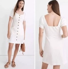 Madewell Linen-Cotton Puff-Sleeve Mini Dress Cream White Sz 12 Pockets, Smocked