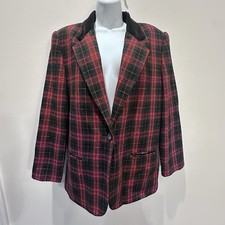 Vtg Sag Harbor Red Tartan Plaid Wool Blazer Jacket 12 Office Academia Holiday