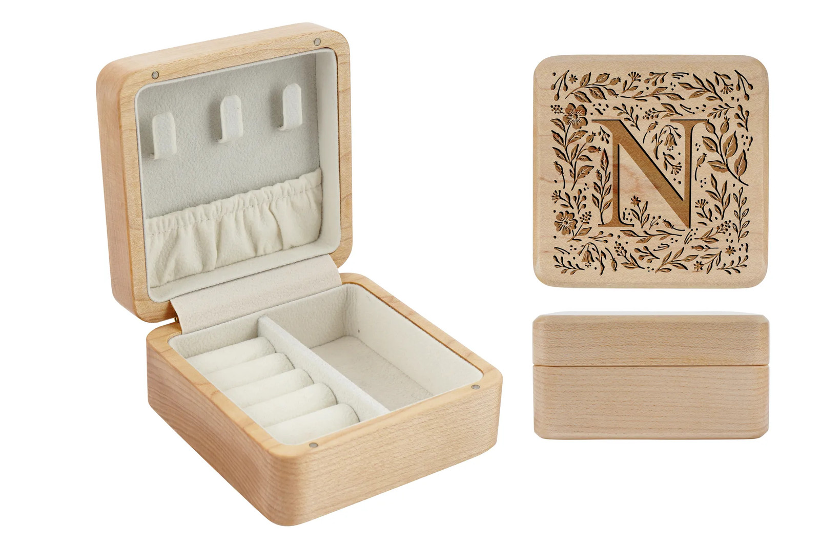 Botanical Letter 'N' Wooden Jewellery Box • Keepsake • Gift Boxed • Engraved