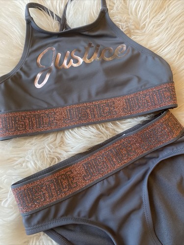 Justice Girls 7 Two-Piece Sport Swimsuit Gray Rose Gold Athletic Logo EUC - Picture 8 of 8