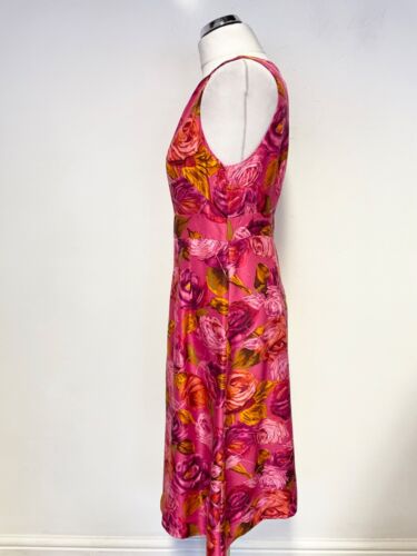 LK BENNETT CERISE PINK FLORAL PRINT 100% SILK SLEEVELESS A-LINE DRESS SIZE 12 - Picture 2 of 4