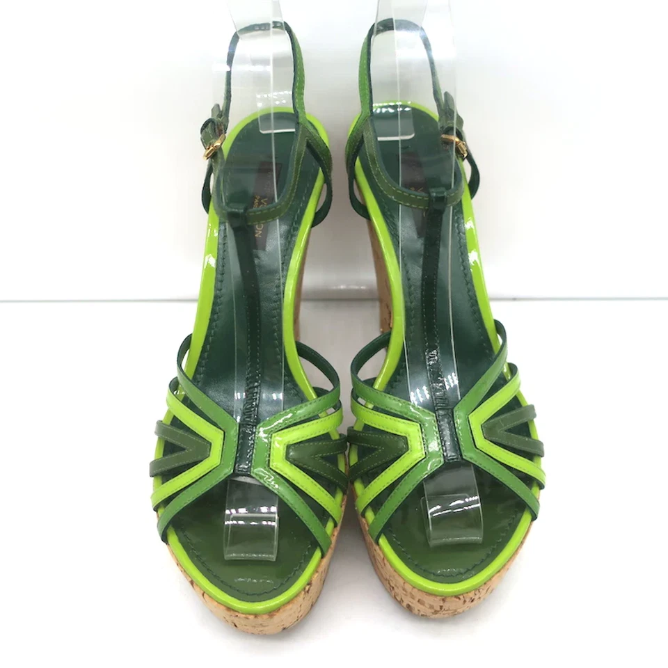 Louis Vuitton Summertime Cork Wedge Sandals Green Patent Leather Size 37.5 - Image 3 of 4