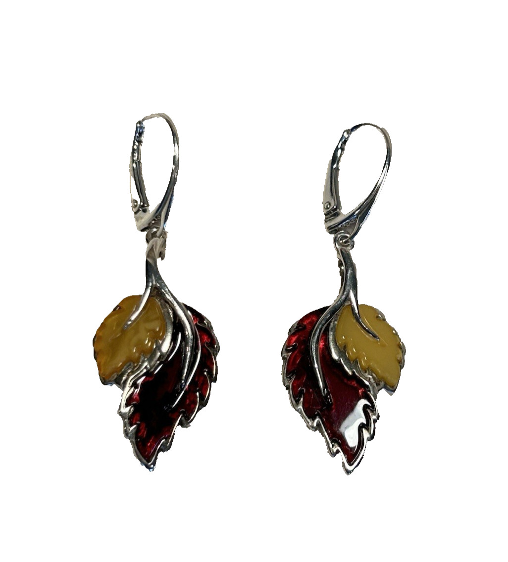 Amber Leaf Sterling Silver Dangle Drop Leverback … - image 2