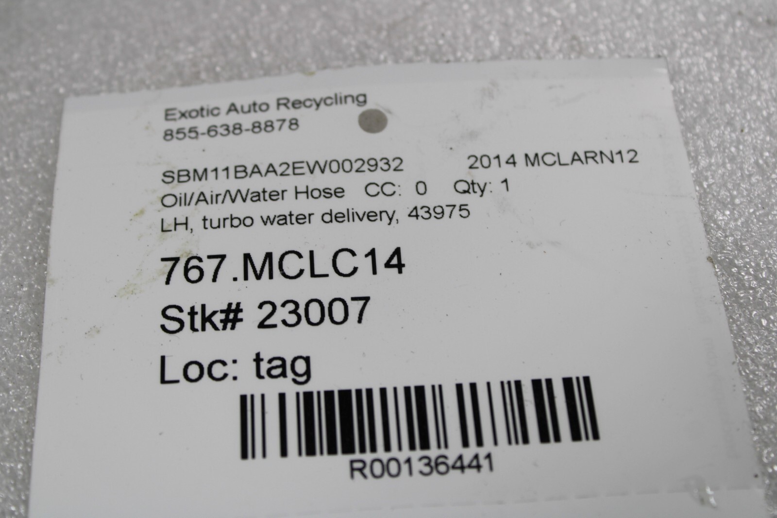 Mclaren MP4-12C, LH, Left, Turbo Water Return Pipe, Used, P/N 43975