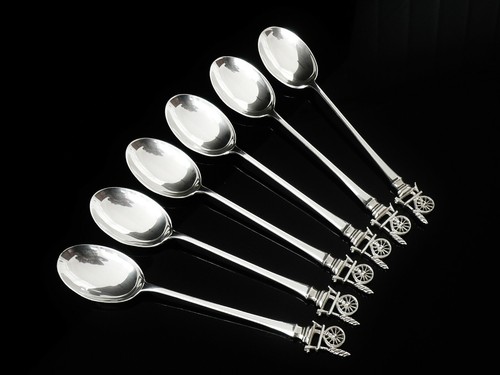 6 Unusual Novelty Sterling Silver Spinning Wheel Teaspoons, Birmingham 1967 - Picture 3 of 10