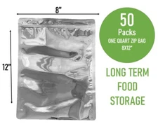 (50) 1 Quart Mylar Bags Zip Seal Long Term Food Storage Reusable
