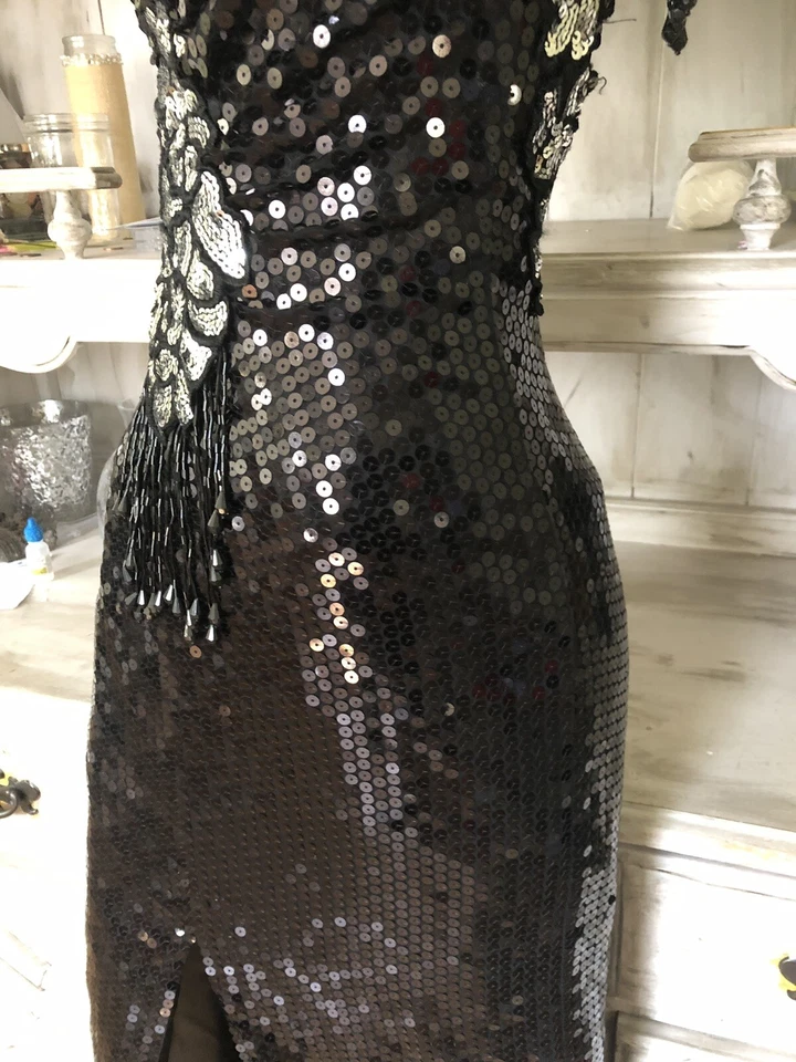 Vintage 80's Long  Sequin HUGE Ruffle STATEMENT Prom Dress AMAZING SZ XXS-XS* - Image 4 of 4