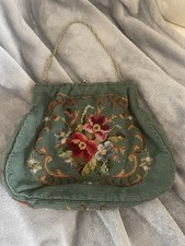 FAB Vintage 1970  s Needlepoint Green  Floral Handbag With Gold Tone Rope Strap