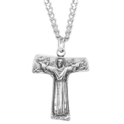Saint Francis of Assisi ''Tau'' Sterling Silver Cross Medal Necklace, 24'' Chain