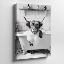 Highland Cow In Bathtub Canvas Wall Art Black And White Animal Bathroom Home