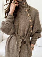 Knit Sweater Dress Womens Turtleneck Regular Length Polyester Medium Stretch