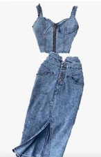 Denim L Skirt Set Women Camisole Tops + High Waist Denim Pencil Skirt  Slim