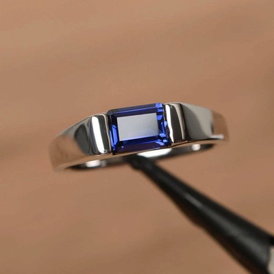 2Ct Emerald Cut Simulated Blue Sapphire Engagement Ring 14K White Gold Plated