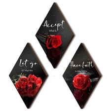 3 Pcs Red Rose Bathroom Wall Decor Flower Red Decor Inspirational Wooden Wall...