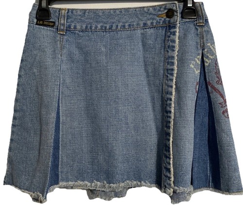 Jean Skirt Lucky Brand Graphic LB Vintage Pleats Size 12 Raw Hem Button Close - Picture 19 of 19