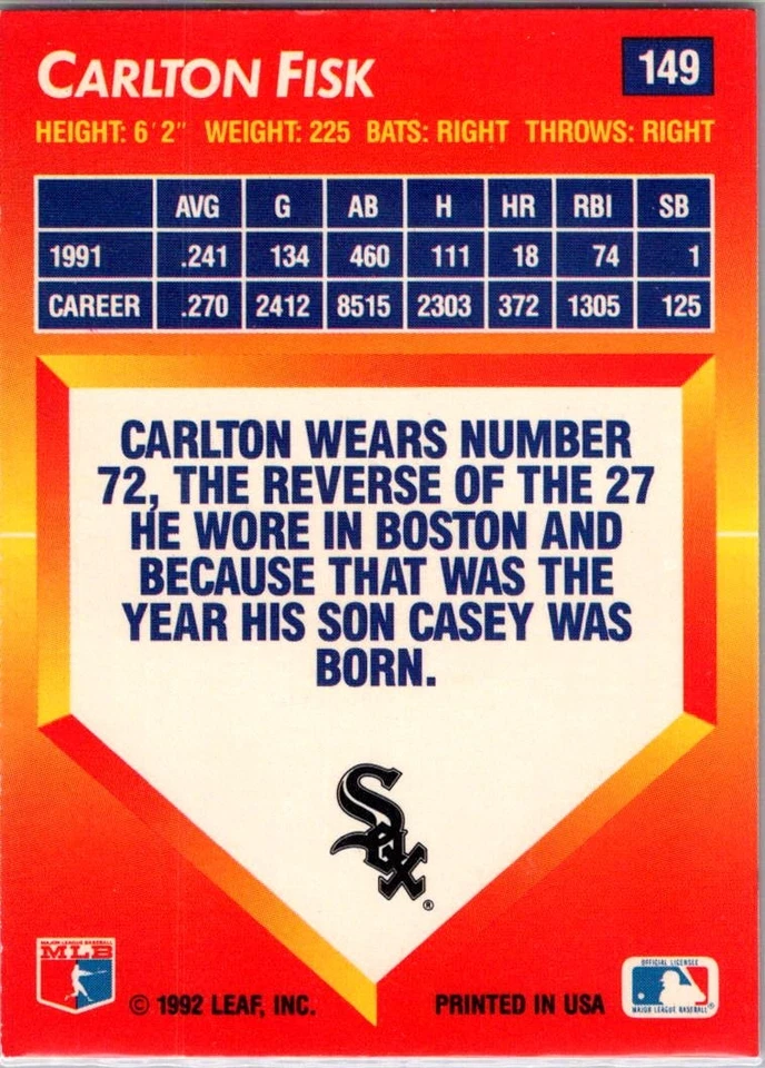 1992 Triple Play Carlton Fisk #149 Chicago White Sox - Image 2 of 2