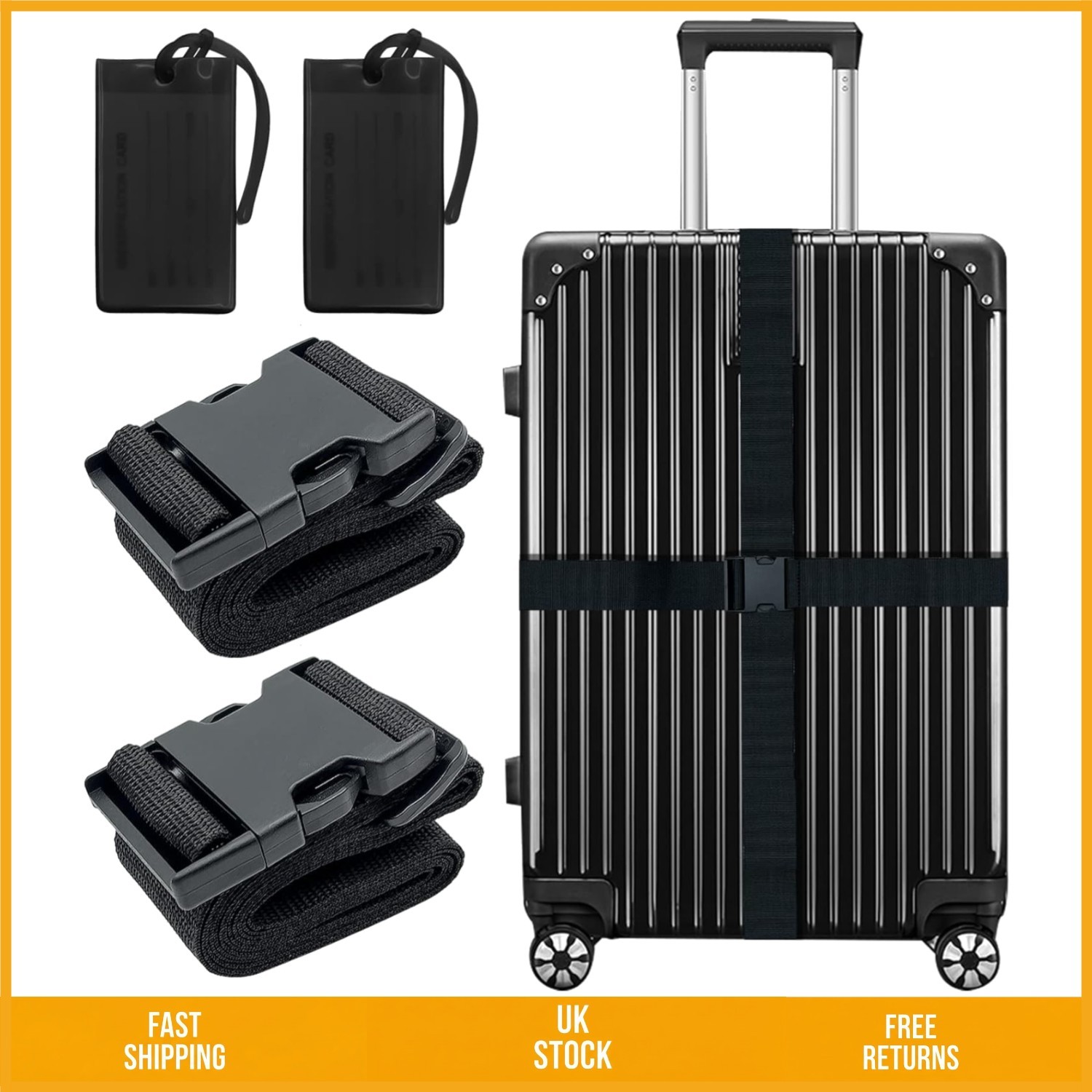Sturdy Adjustable Suitcase Belts and Privacy ID Tags Set Black 2Pk 2M x 5cm