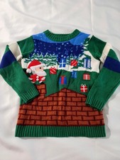 Holiday Time Unisex Kids 5/6 Green Santa Christmas Crewneck Pullover Sweater