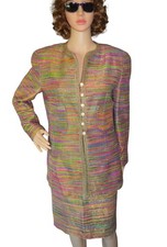 Vintage Rickie Freeman Multicolor Silk Blend Rainbow Skirt Suit Set Women Size 8