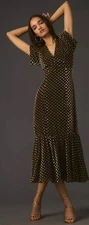 Anthropologie Rhode Black Gold Velvet Dot Midi Dress Puff Sleeve Luxury Glam 4