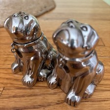 Pottery Barn Bulldog Silver Metal Salt & Pepper Shaker Set With Original Box