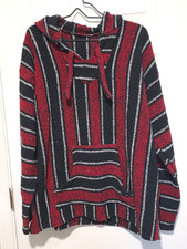 Red/Black Mexican Poncho Hoodie Sz XL. Baja Style Hippie Hooded Sweatshirt