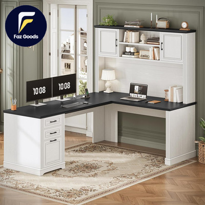 Farmhouse L Shaped Desk with Hutch and 3 Drawers 68.9'' Executive Office Desk NEW