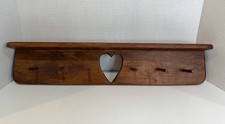 Vintage Crafted Wood Farmhouse Hanging Wall Shelf Heart Cutout 6 Pegs