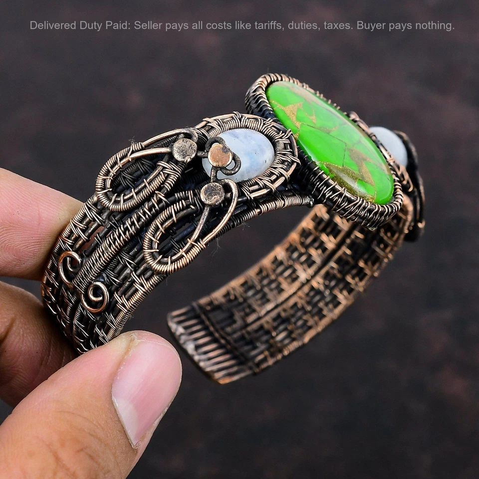 Brazalete Brazalete Hija Piedra Lunar Arco Iris Turquesa Verde Cobre Natural Cobre Foto 4 de 4