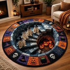 Halloween Ghost Pumpkin Round Rug, Spooky Haunted Staircase Area Rug Home Decor
