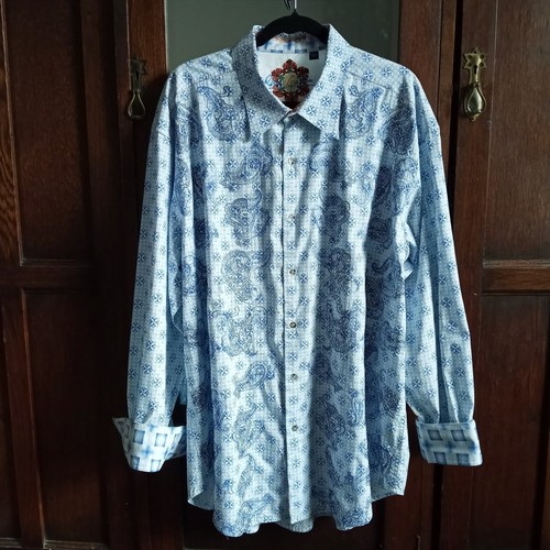 Camisa Robert Graham Cachemira Bordada Puño Abatible Talla 3XL Azul Blanco Manga Larga - Imagen 9 de 9
