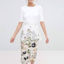Ted Baker Size 5 / AU 16 Layli Gem Gardens Bodycon Dress Pencil White Cocktail