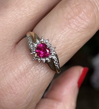 9ct Gold Ruby And Diamond Cluster Ring, Heart Shaped, UK Size S 1/2 