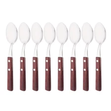Teaspoons Set of 8 304 Stainless Steel Dessert Spoons with Red Wooden Handle