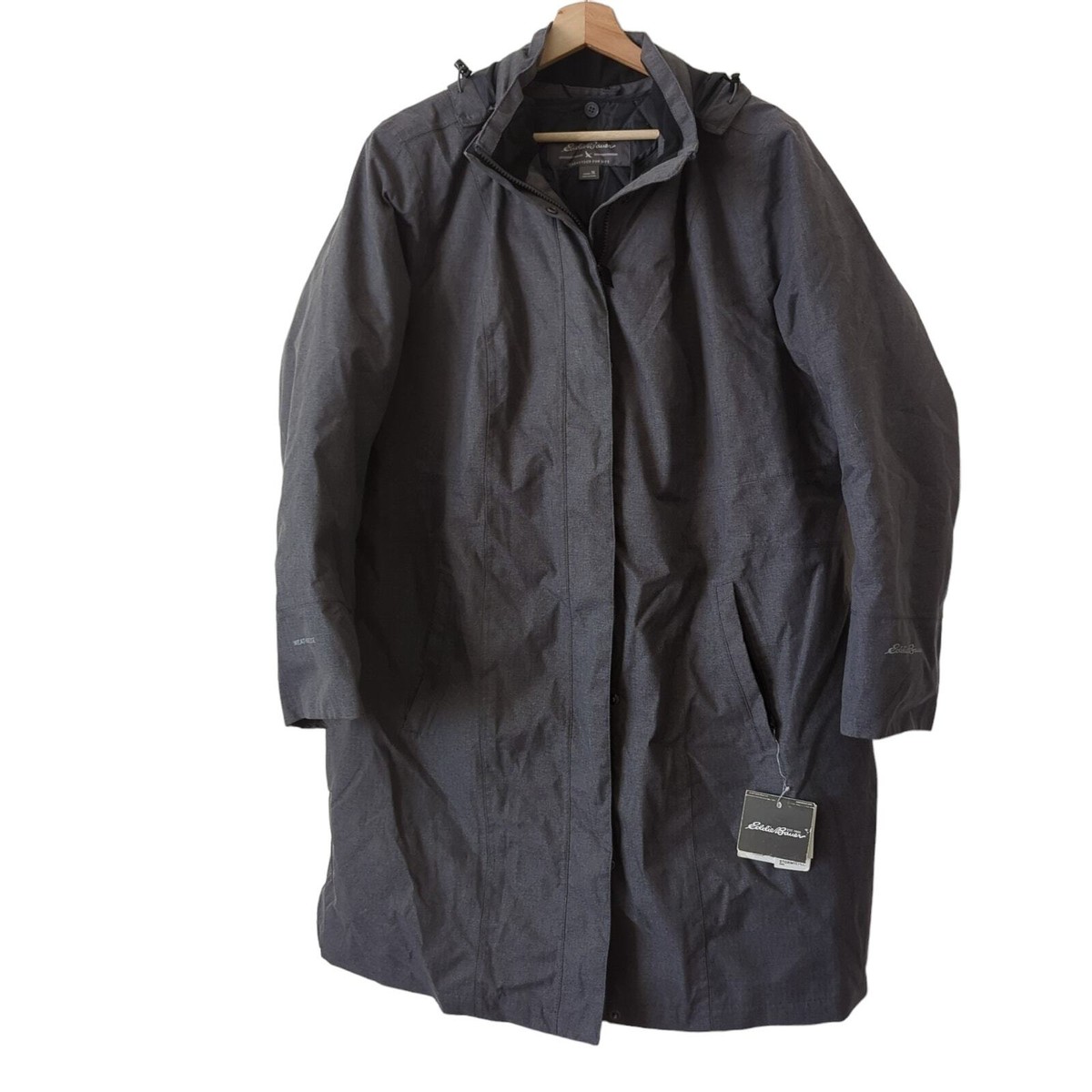 Eddie Bauer Womens Longline Gray Trench Jacket Size 1X Hooded 