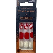 NEW Kiss Nails Impress Press On Manicure Short Gel Red White Snowflake Christmas