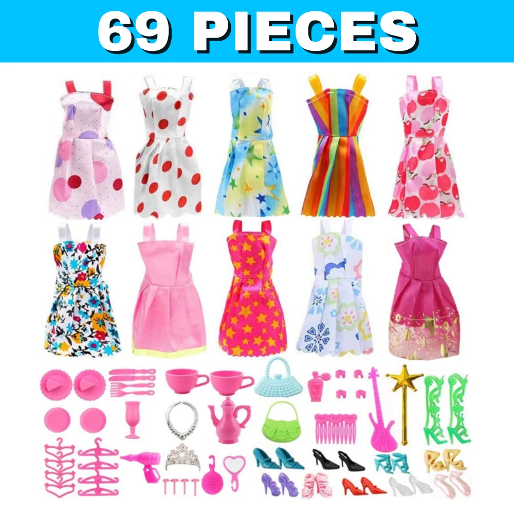 69 PCS Barbie Clothes Doll Fashion Wear Clothing Outfits Dress up Gown  Shoes Lot