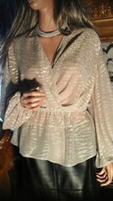 IRO PARIS Sz 34 M GOLD  SILVER METALLIC SEMI SHEER PARTY BLOUSE TOP WEDDING