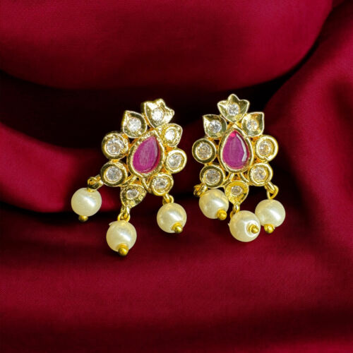 Exquisite Gold-Plated Floral Earrings with Pink Stones and Elegant Pearl Drops
