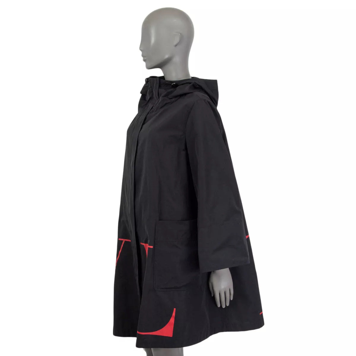 65567 auth VALENTINO black red cotton VLTN LOGO HOODED Coat
