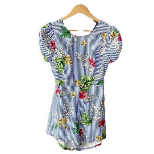 Lush Romper Floral Blue Stripe Shorts Cap Sleeve Cut Out Back New With Tag Small