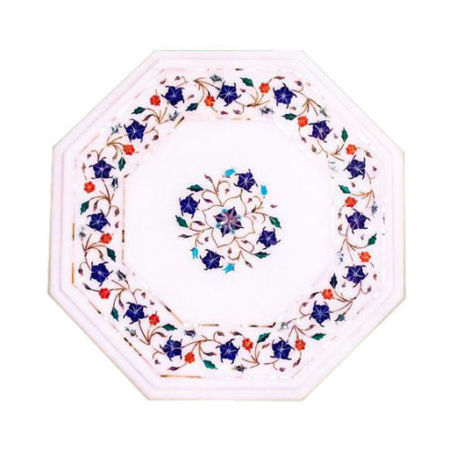 12-inch Lapis Floral White Marble Table Top with Semi-Precious Stone Inlay