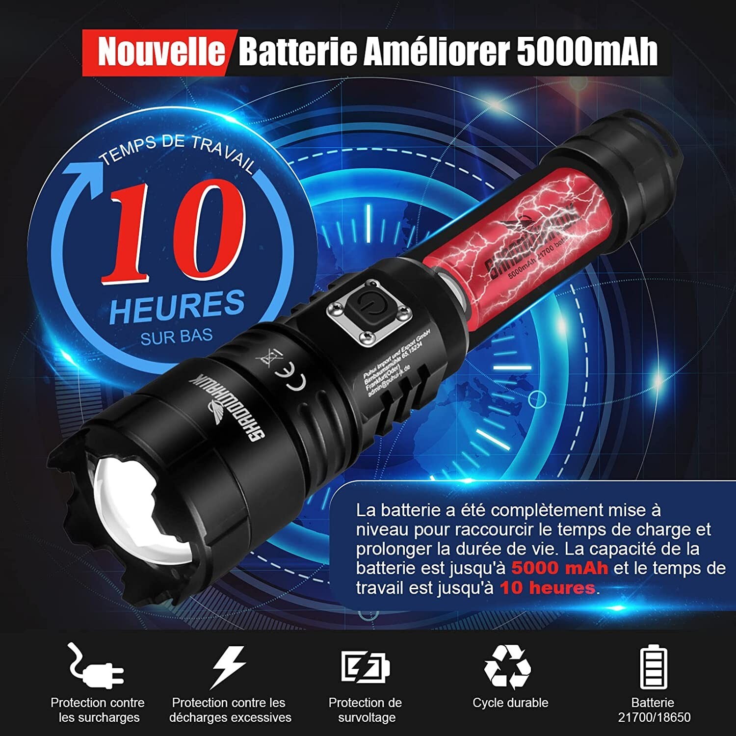 Shadowhawk Lampe Torche LED XHM90.2 500000 Lumens Rechargeable