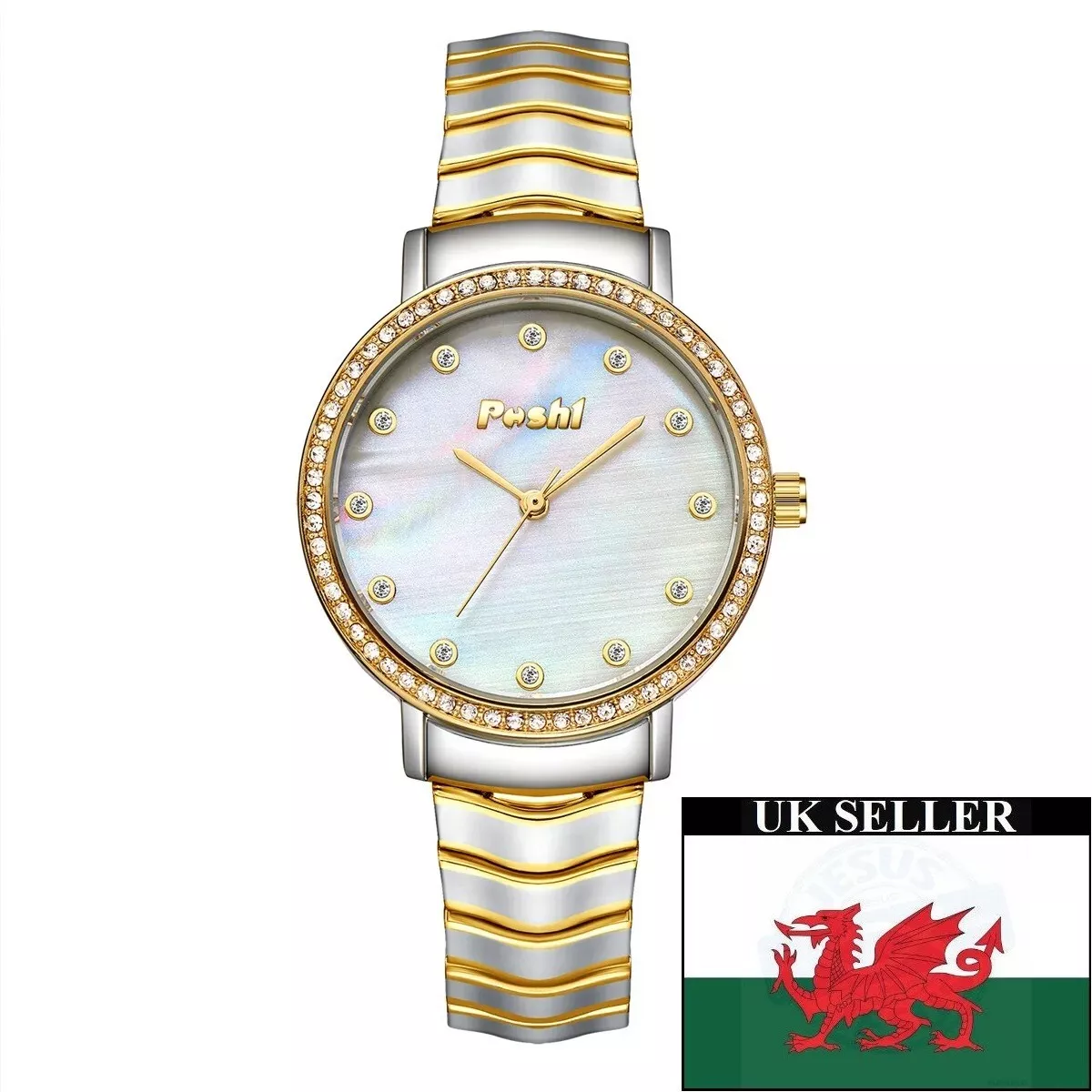Ladies Mother of Pearl Face Yellow Gold Silver Coloured Bracelet