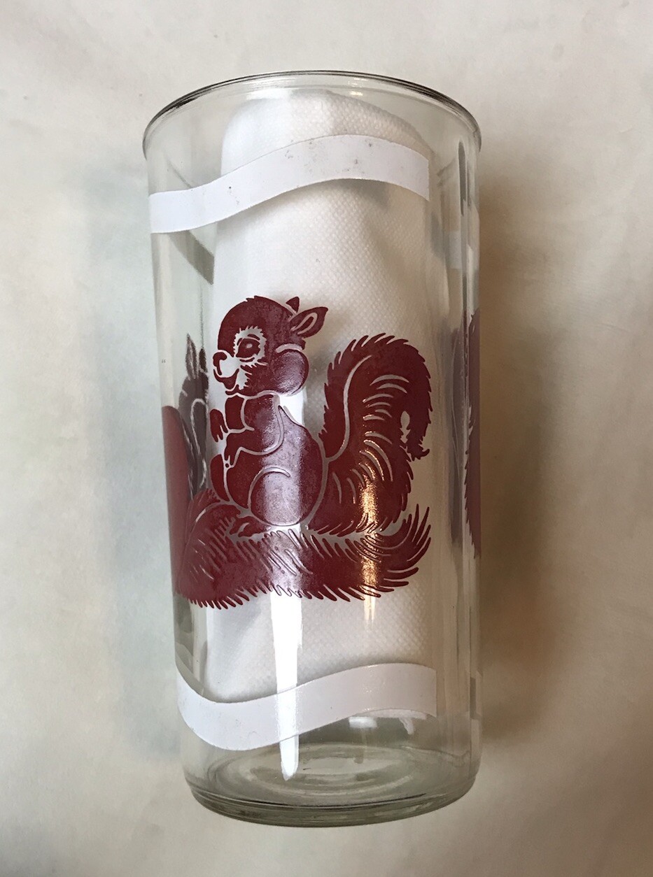 Vtg 1950's Blue Plate Peanut Butter Three Sided Red Squirrel Glass. 5 1