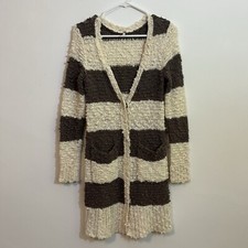 Free People Duster Cream Brown Chunky Sweater Snap Front Pockets Wool Blend XS